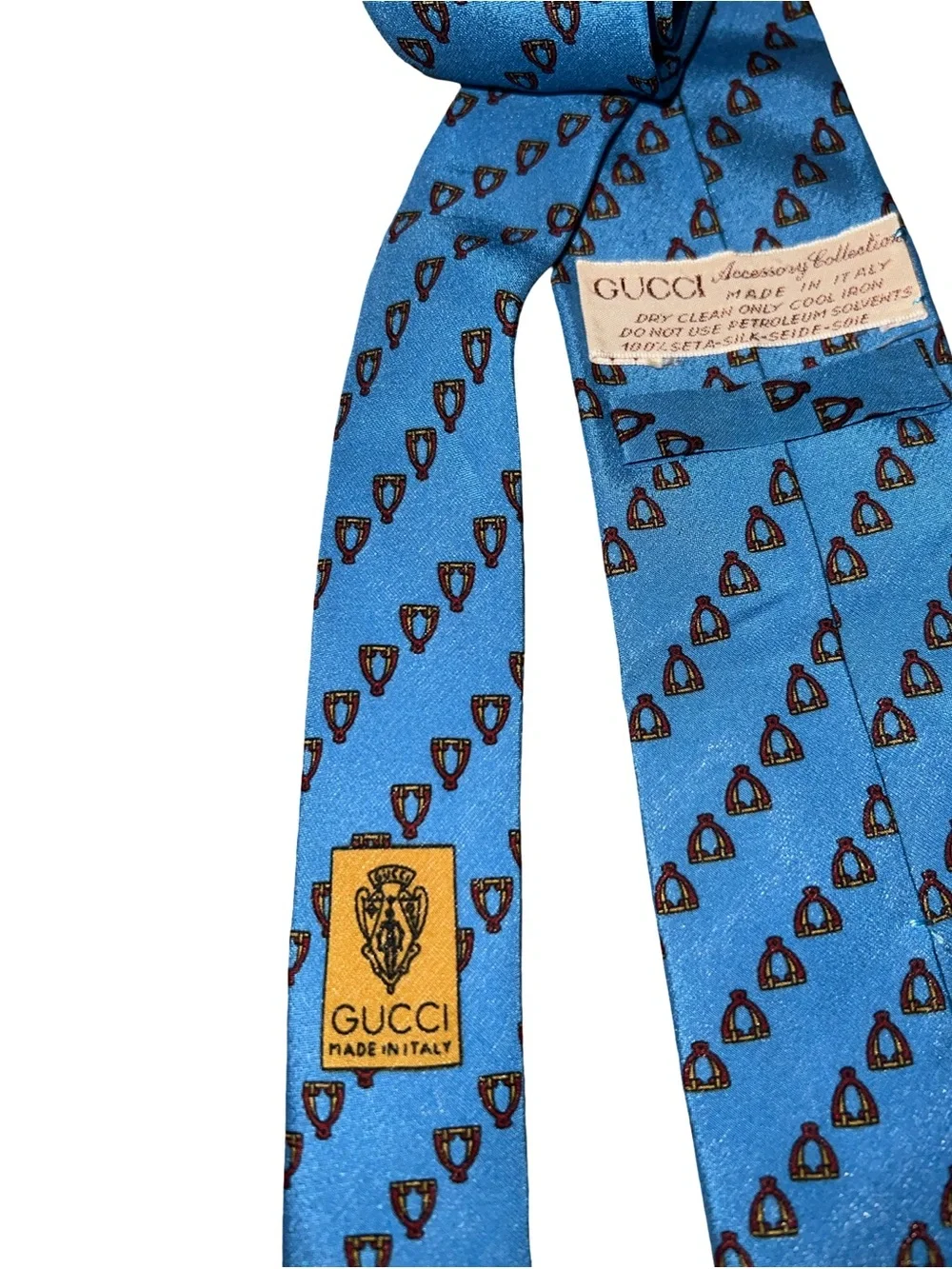 Vintage Gucci Silk Tie Blue Equestrian Stirrup Pattern Double G Logo